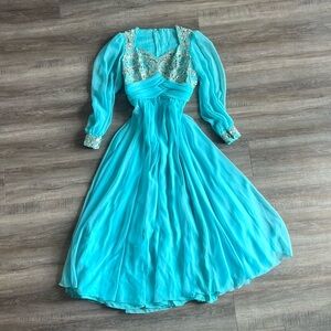 Vintage 70s Turquoise Chiffon Beaded & Sequined Bodice Long Sleeve Dress